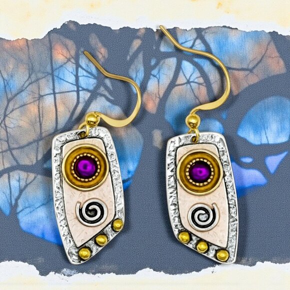 🆕️Bohemian Glam - Purple Gem & Spirals Dangle Trendy Fashion Earrings 🌈🌟 - Picture 1 of 12